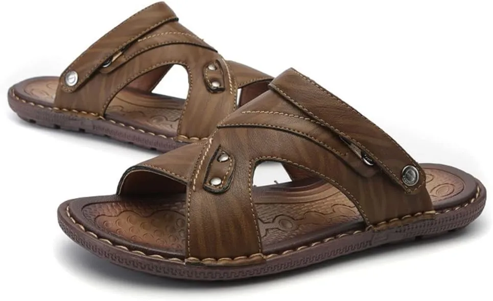 Men Beach Sandals Classics Shoes Men Slippers Split Leather Sandals for Men Comfortable Flip Flops(White-Patch Five-Pointed star4,45 Code)