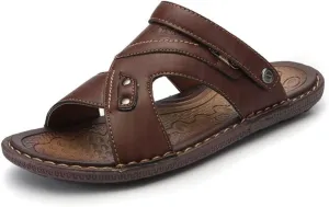 Men Beach Sandals Classics Shoes Men Slippers Split Leather Sandals for Men Comfortable Flip Flops(White-Patch Five-Pointed star4,45 Code)