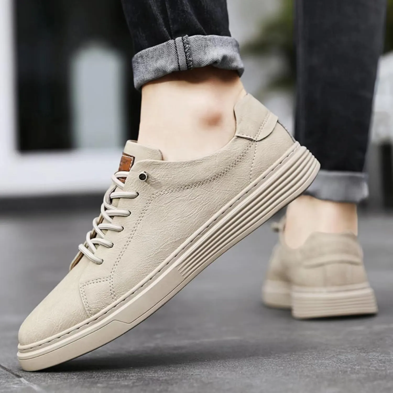 Mens Casual Slip-on Leather Sneakers with Elastic Band Classical Retro Breathable Flats Walking Oxford Shoes