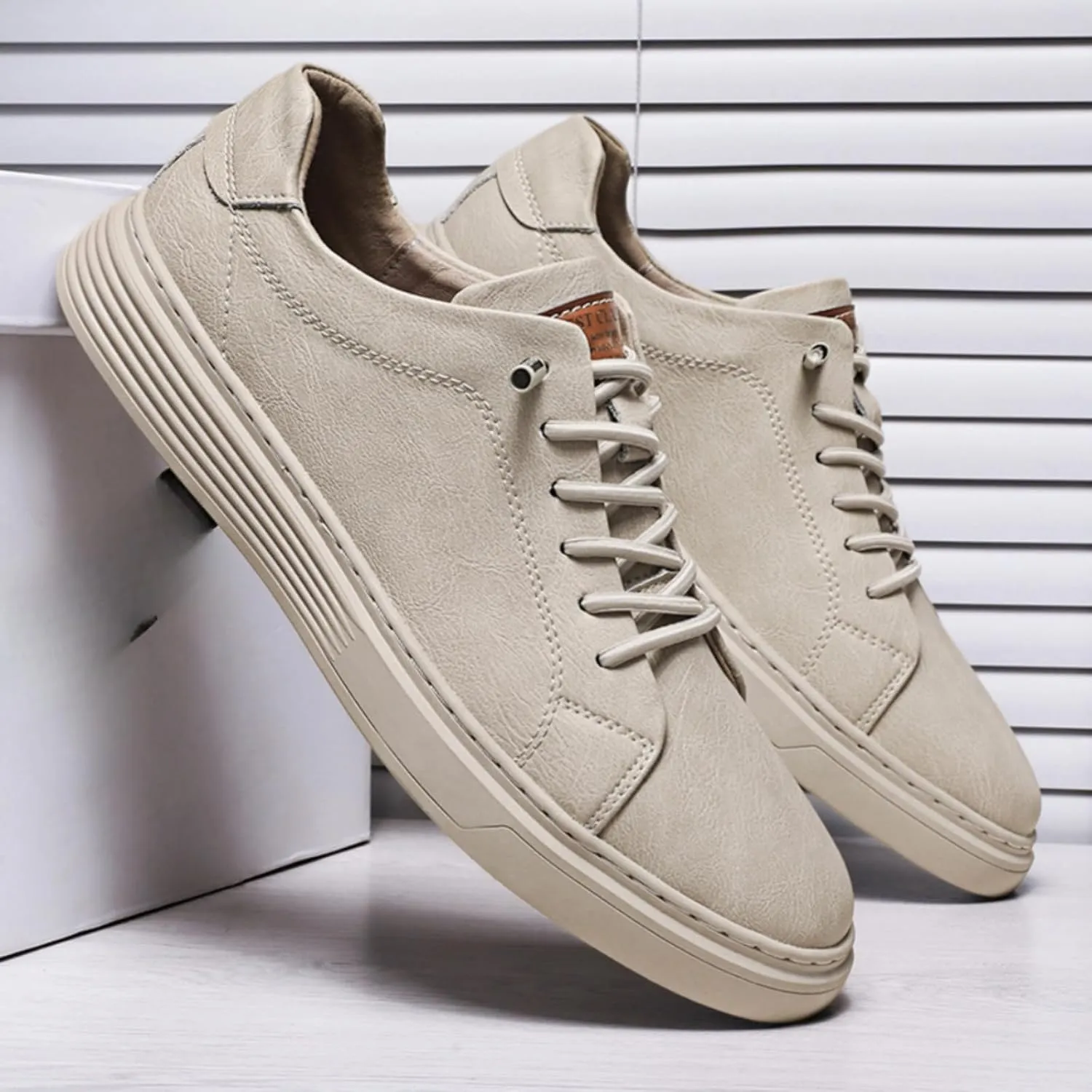 Mens Casual Slip-on Leather Sneakers with Elastic Band Classical Retro Breathable Flats Walking Oxford Shoes