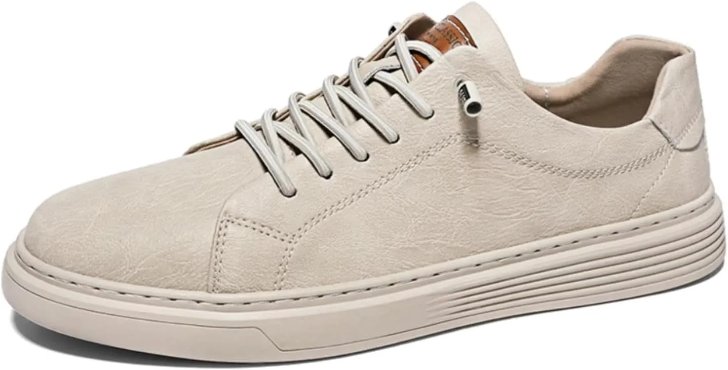 Mens Casual Slip-on Leather Sneakers with Elastic Band Classical Retro Breathable Flats Walking Oxford Shoes