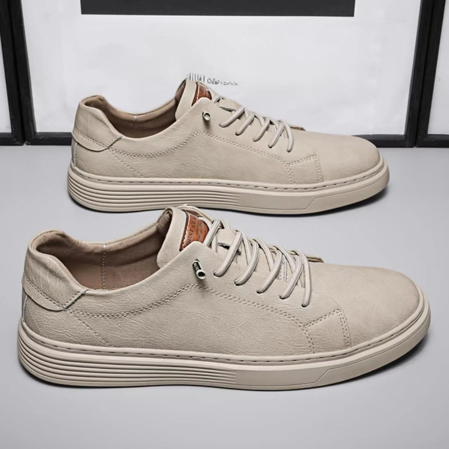 Mens Casual Slip-on Leather Sneakers with Elastic Band Classical Retro Breathable Flats Walking Oxford Shoes