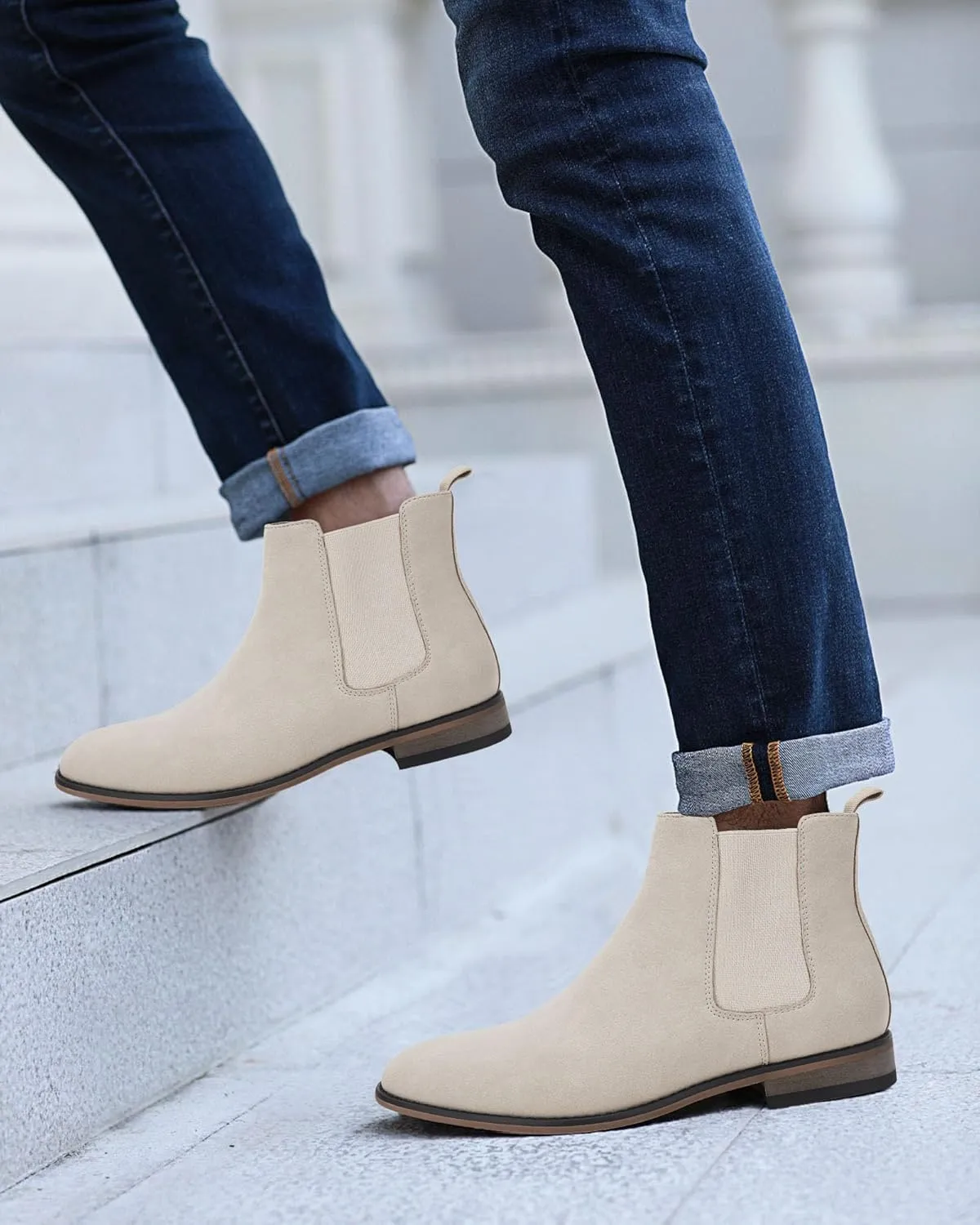 Mens Chelsea Boot Slip On Pointed Toe Stacked Low Heel Faux Suede Casual Dress Boot