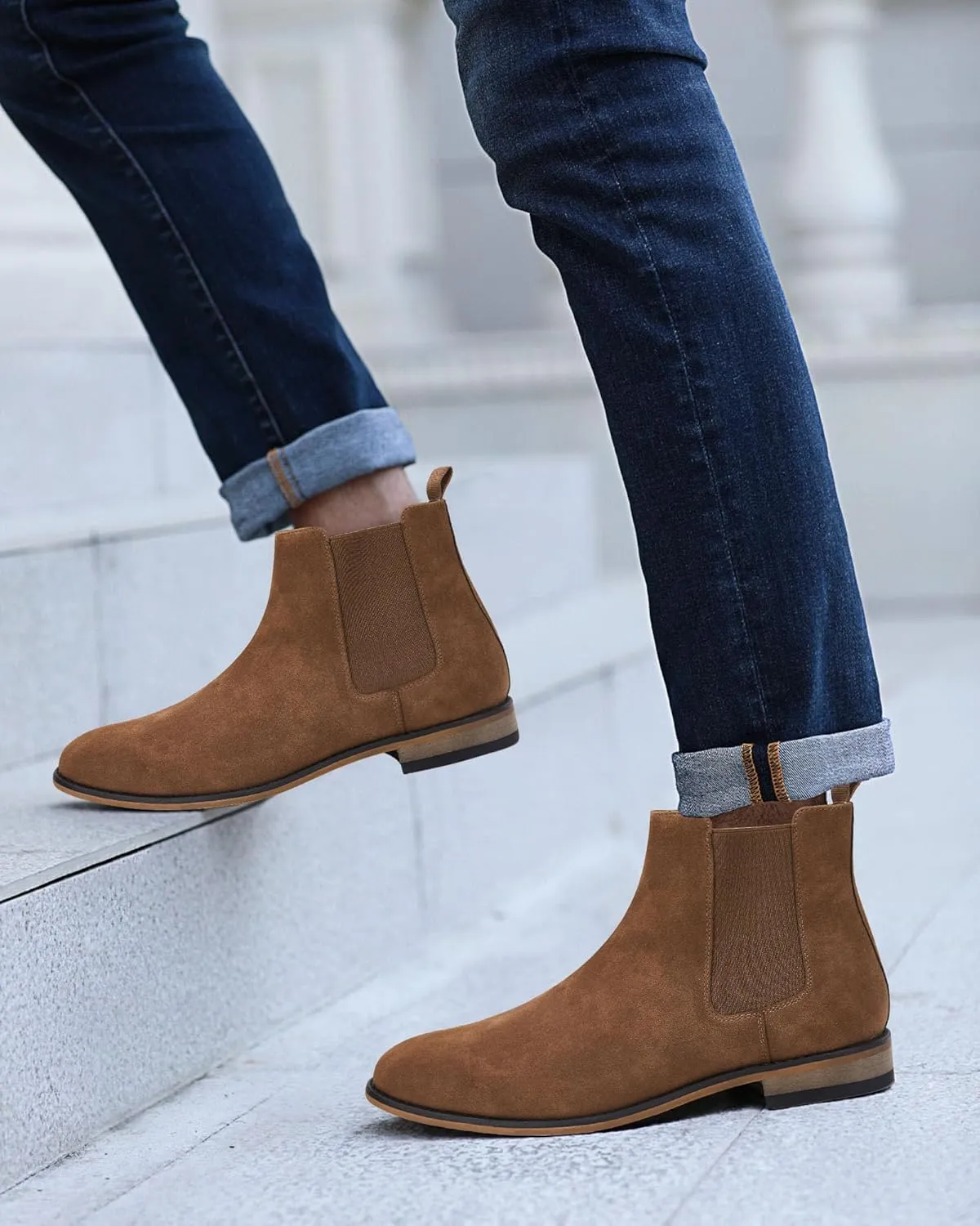 Mens Chelsea Boot Slip On Pointed Toe Stacked Low Heel Faux Suede Casual Dress Boot