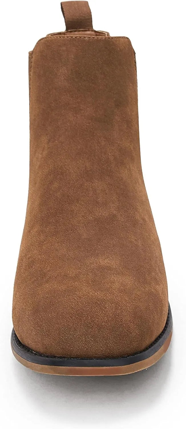 Mens Chelsea Boot Slip On Pointed Toe Stacked Low Heel Faux Suede Casual Dress Boot