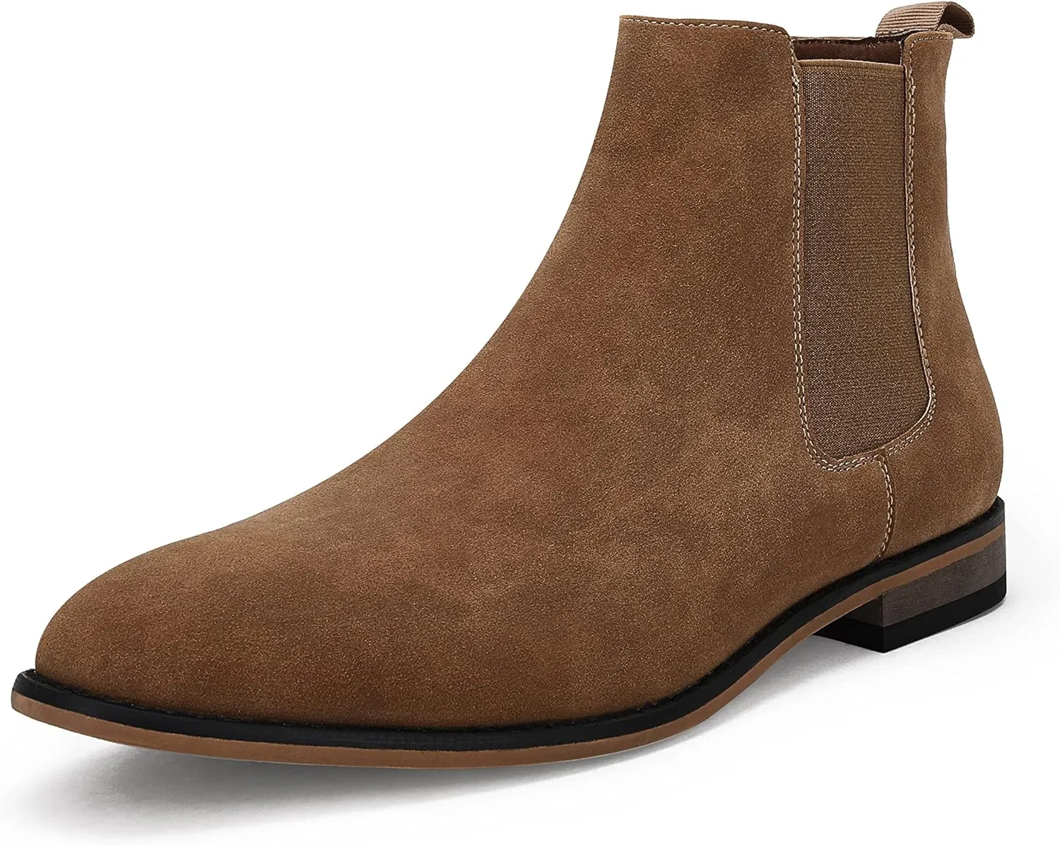 Mens Chelsea Boot Slip On Pointed Toe Stacked Low Heel Faux Suede Casual Dress Boot