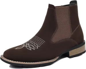 Men's Chelsea Boots Casual Comfy Slip-On Suede Ankle Boots Fashion Mid Top PU Leather Western Style Dress Boots