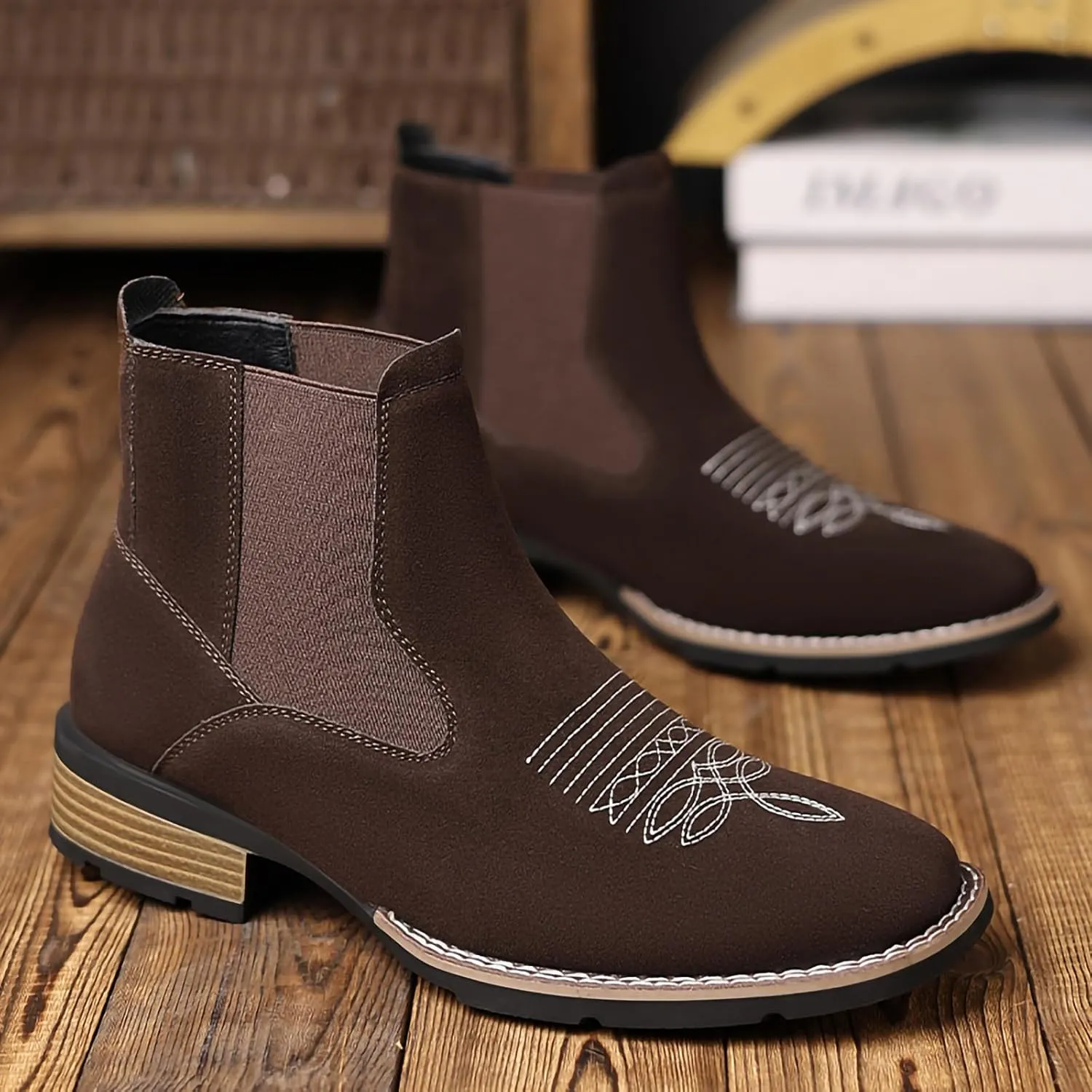 Men's Chelsea Boots Casual Comfy Slip-On Suede Ankle Boots Fashion Mid Top PU Leather Western Style Dress Boots