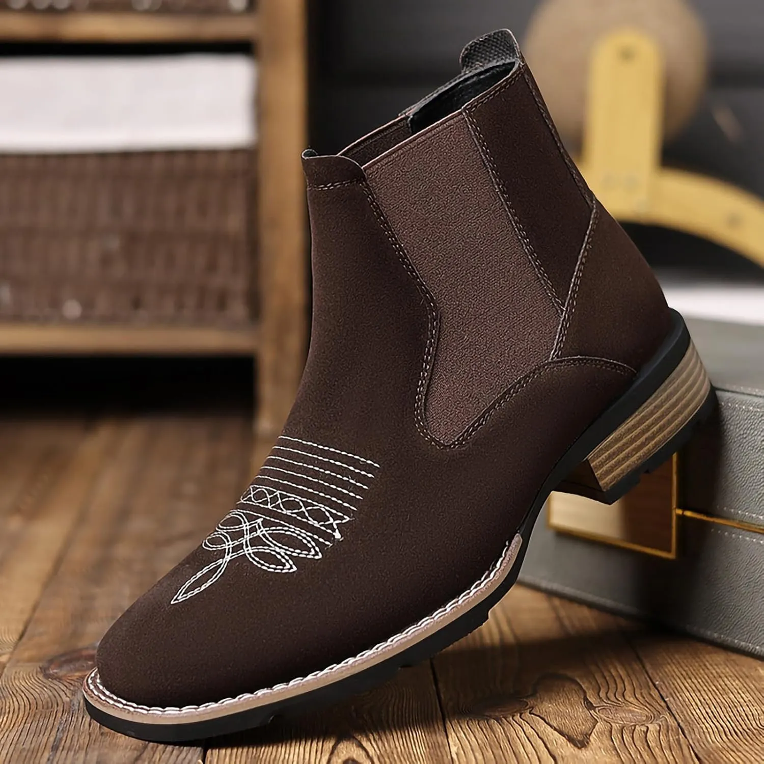 Men's Chelsea Boots Casual Comfy Slip-On Suede Ankle Boots Fashion Mid Top PU Leather Western Style Dress Boots