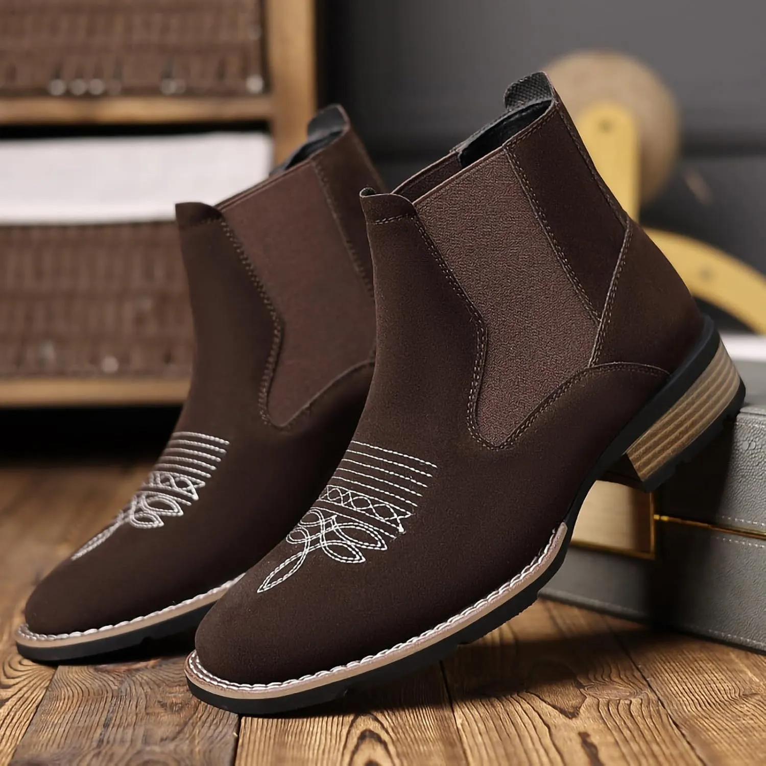 Men's Chelsea Boots Casual Comfy Slip-On Suede Ankle Boots Fashion Mid Top PU Leather Western Style Dress Boots