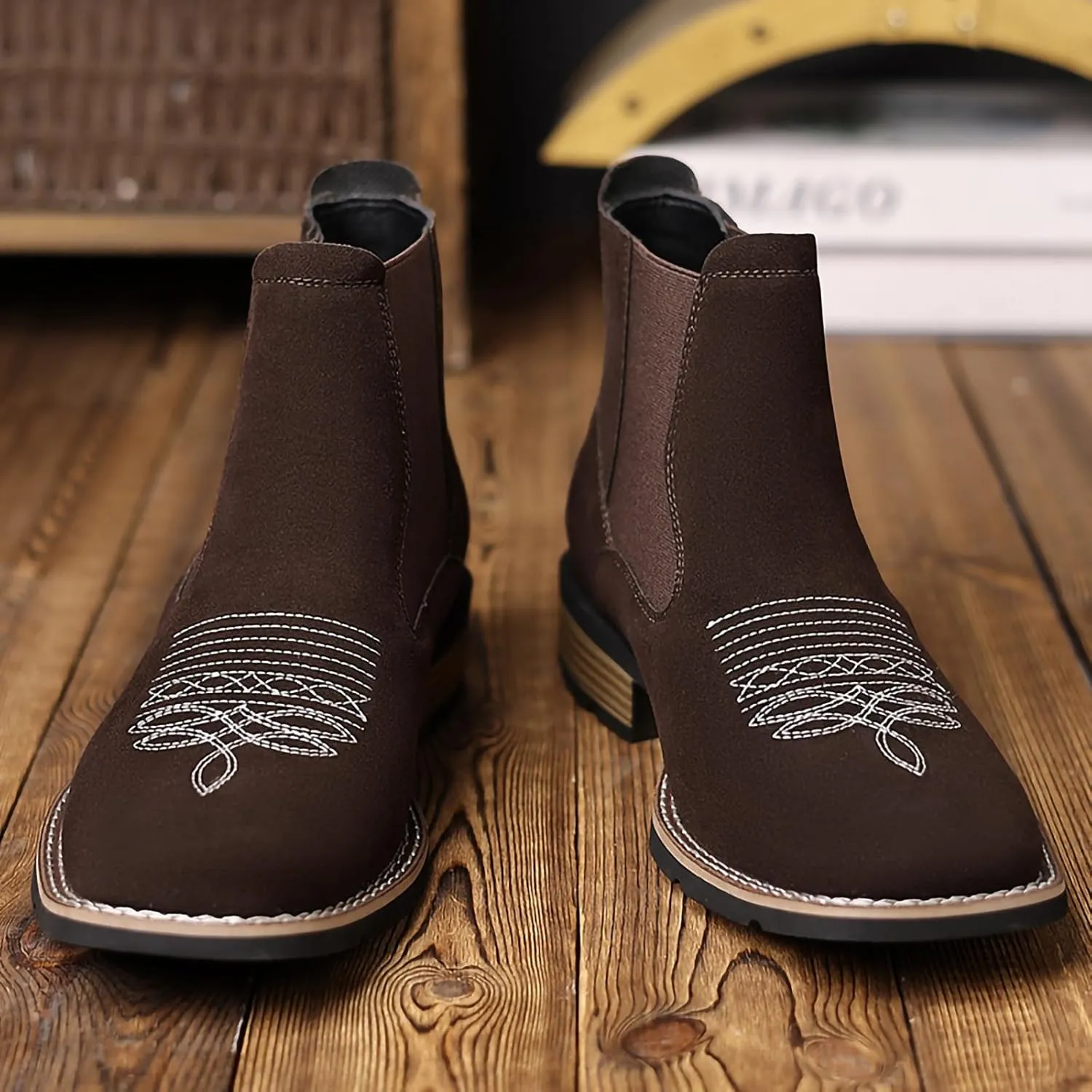 Men's Chelsea Boots Casual Comfy Slip-On Suede Ankle Boots Fashion Mid Top PU Leather Western Style Dress Boots