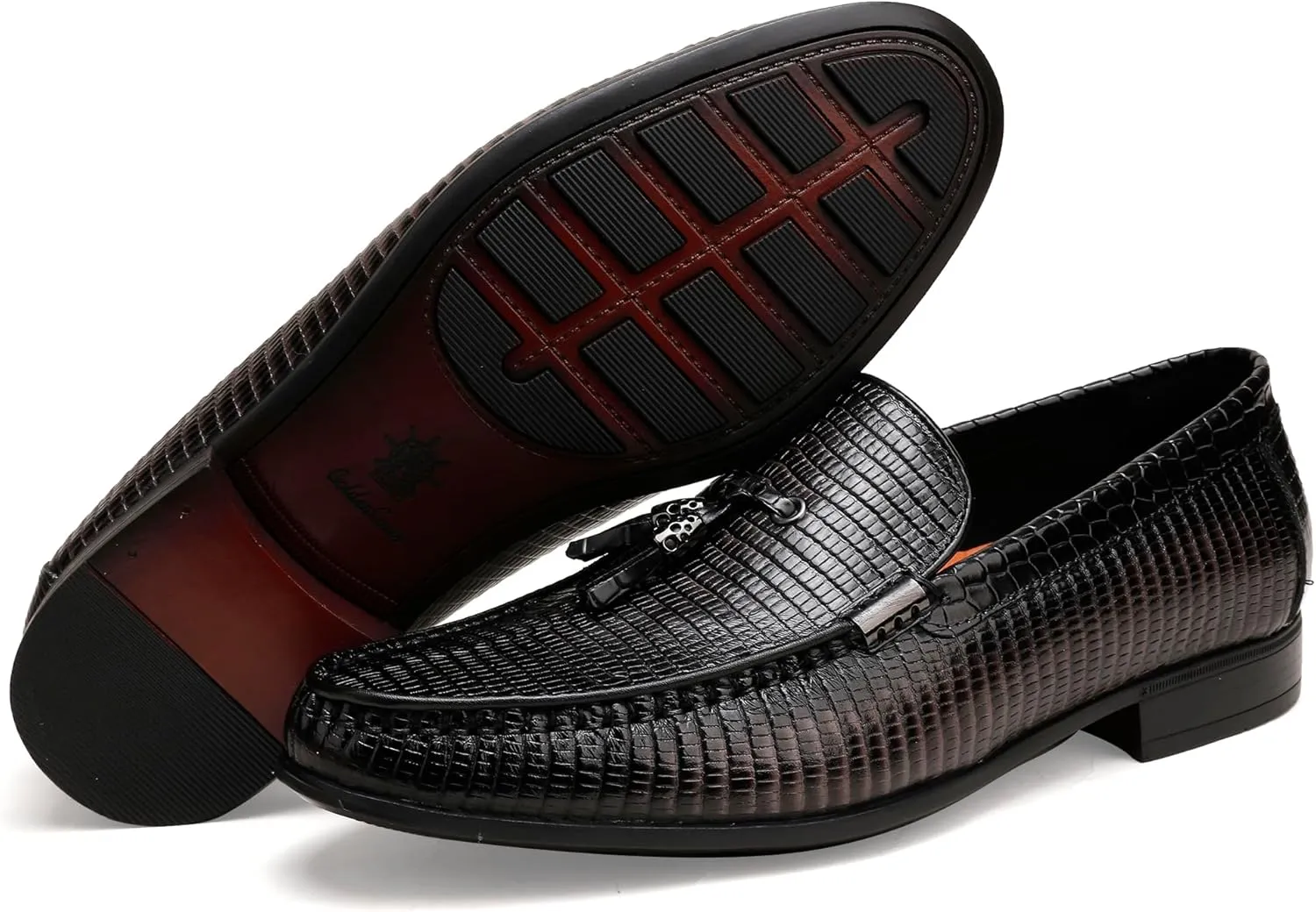 Mens Genuine Dress Shoes, Premium Crocodile Print Leather Slip-on Casual Shoes Penny Loafers for Mens, Black