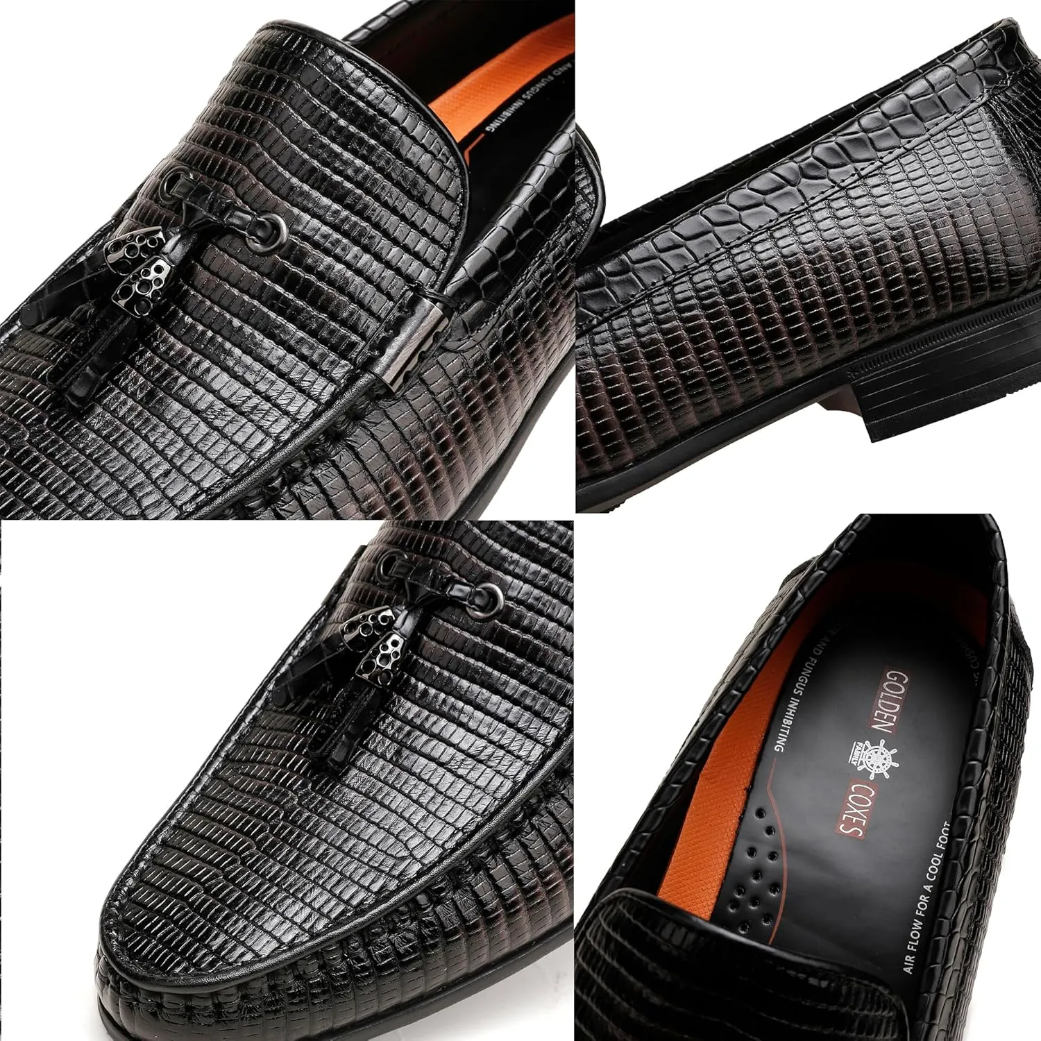 Mens Genuine Dress Shoes, Premium Crocodile Print Leather Slip-on Casual Shoes Penny Loafers for Mens, Black