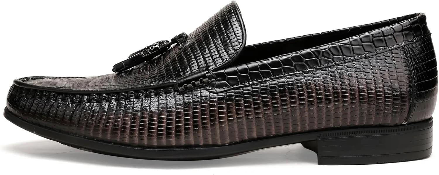 Mens Genuine Dress Shoes, Premium Crocodile Print Leather Slip-on Casual Shoes Penny Loafers for Mens, Black