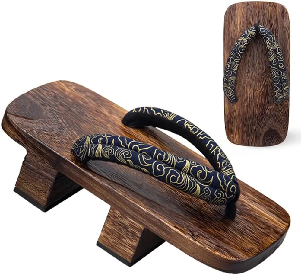 Men's Japanese Wooden Geta Sandals, Beach Flip Flops Men,Classic Fashion Mens Cosplay Geta Clogs Slippers, Geta Clogs Sandals Flip Flop Anti-Slip Platform Shoes (Color : Gold, Size : 44/46 EU)