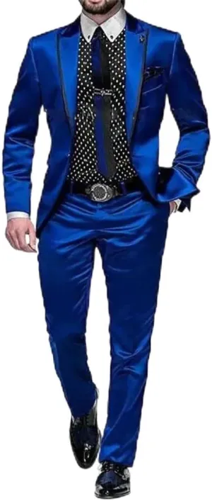Men's Satin Suit 2 Pieces Party Prom Wedding Groom Set Male Slim Blazer with Pants