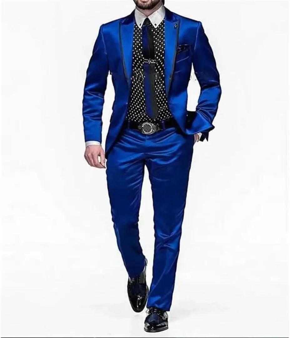 Men's Satin Suit 2 Pieces Party Prom Wedding Groom Set Male Slim Blazer with Pants