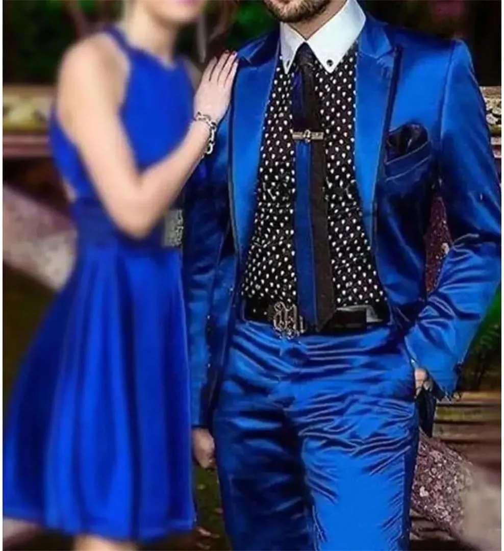 Men's Satin Suit 2 Pieces Party Prom Wedding Groom Set Male Slim Blazer with Pants