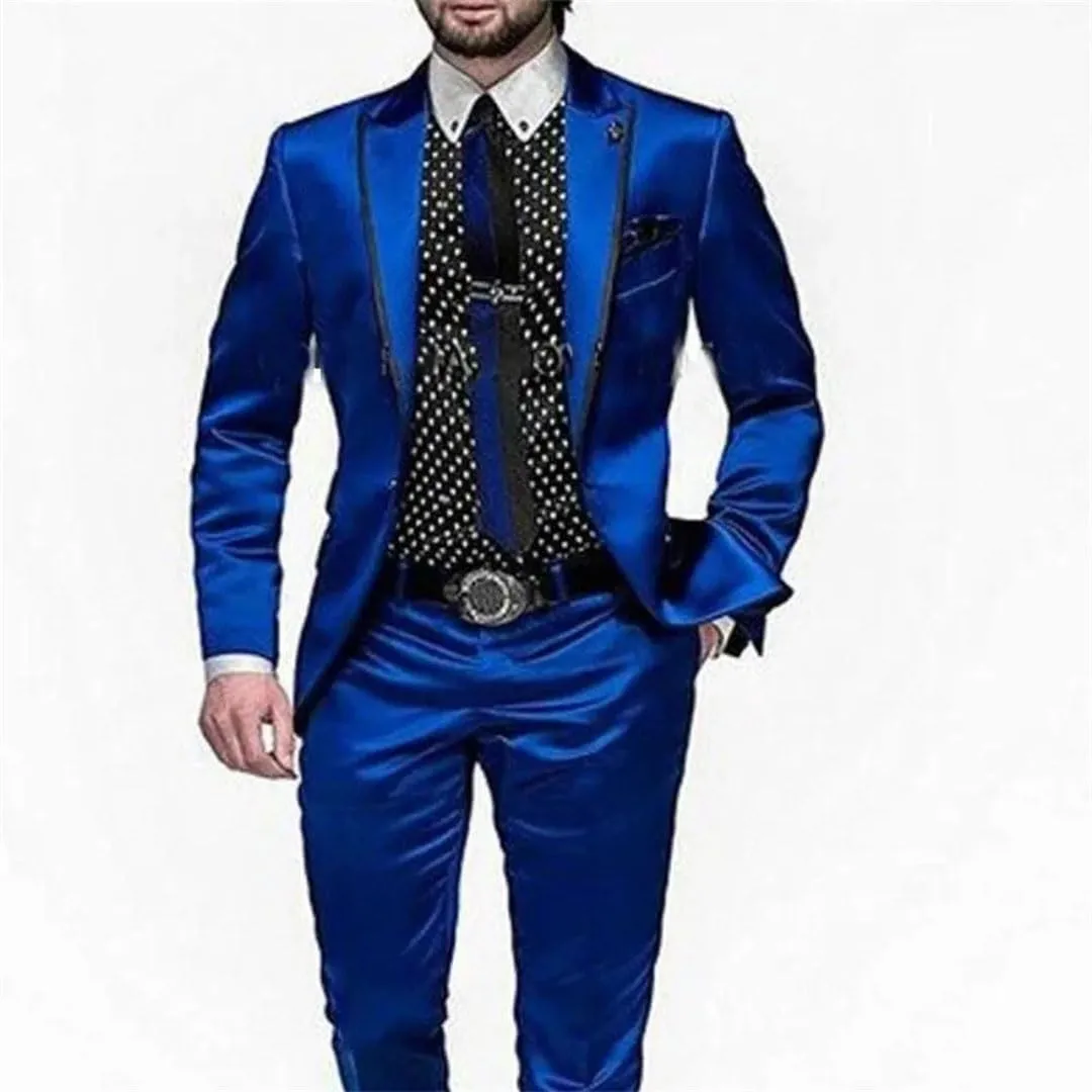 Men's Satin Suit 2 Pieces Party Prom Wedding Groom Set Male Slim Blazer with Pants