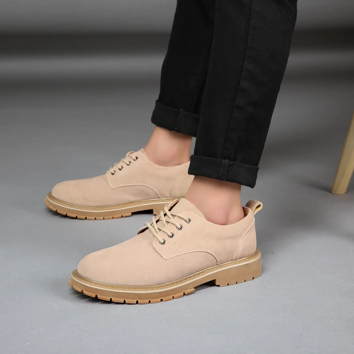 Men's Suede Platform Dress Oxfords Classic Comfor Round Toe Low Block Heel Lug Sole Business Lace Up Derby Non-Slip Casual Work Shoes