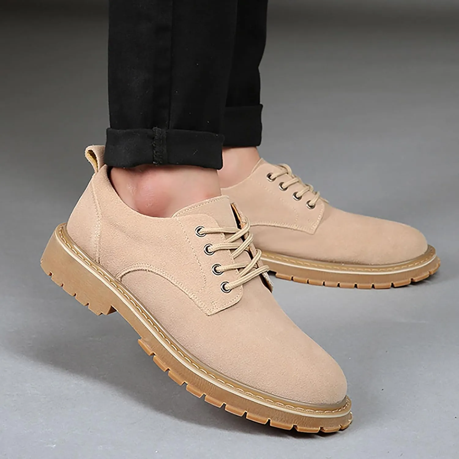 Men's Suede Platform Dress Oxfords Classic Comfor Round Toe Low Block Heel Lug Sole Business Lace Up Derby Non-Slip Casual Work Shoes