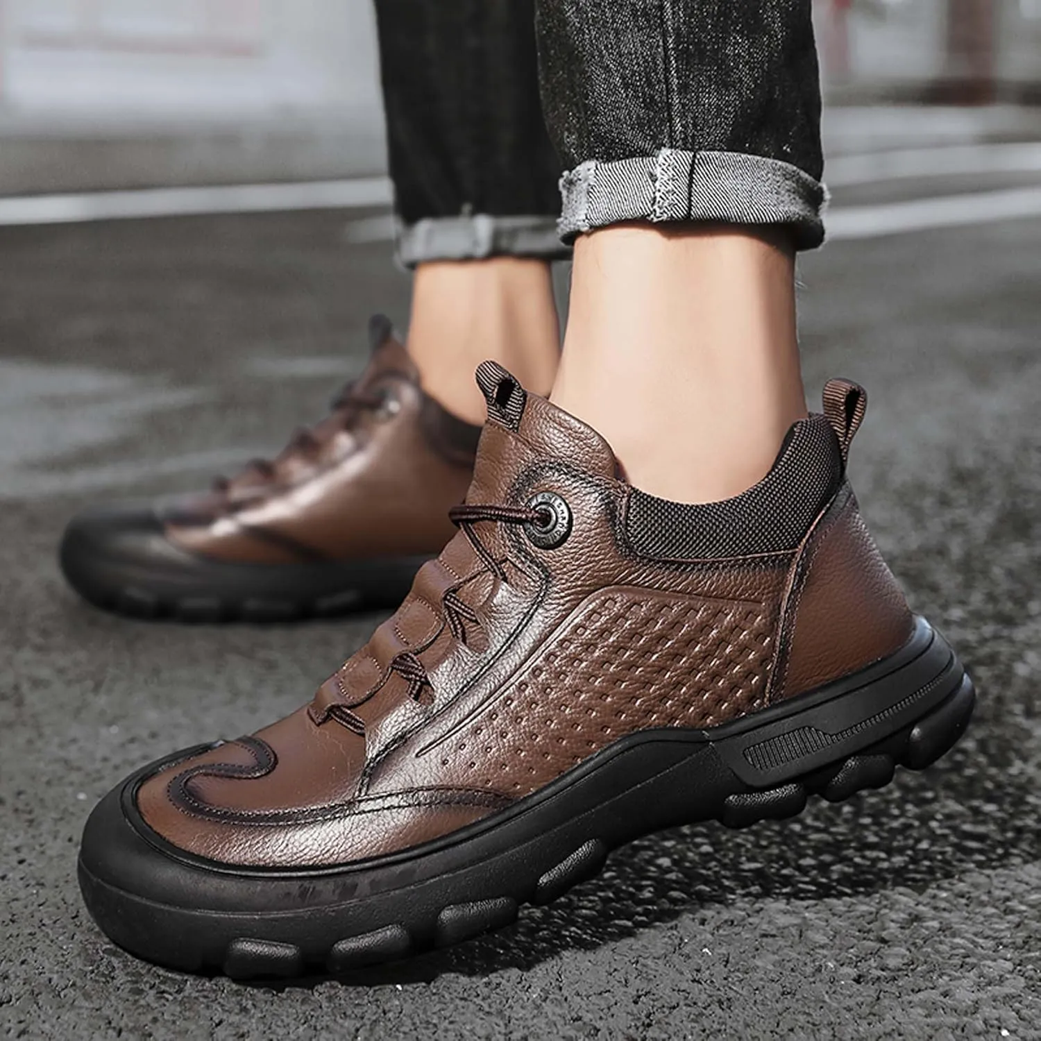 Men's Walking Shoes Outdoor Non-slip Climbing Shoes Cowhide Waterproof Cross-country Travel Shoes Fashion Lace-up Casual Sneakers Classic Business Office Shoes