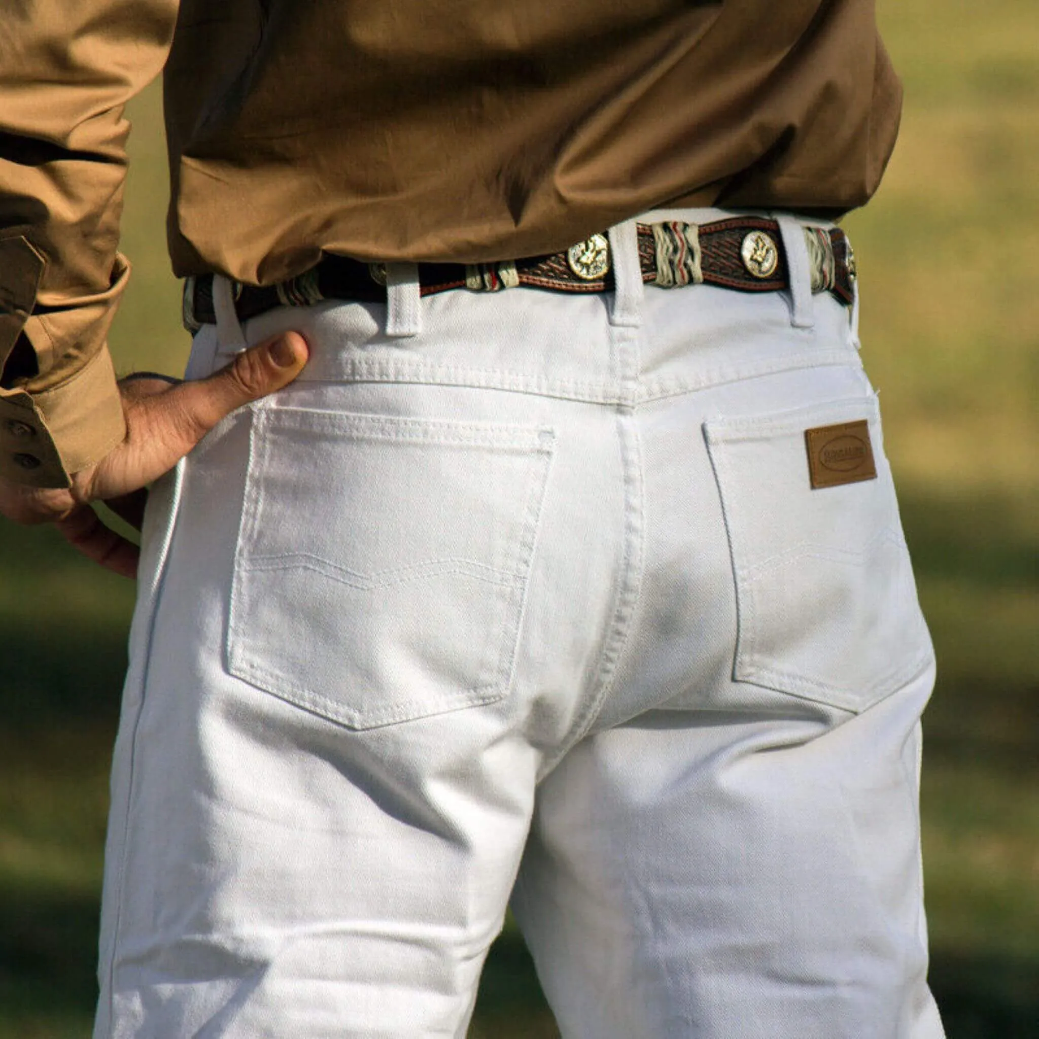 Mens White Regular Rise Western Boot Cut Jean