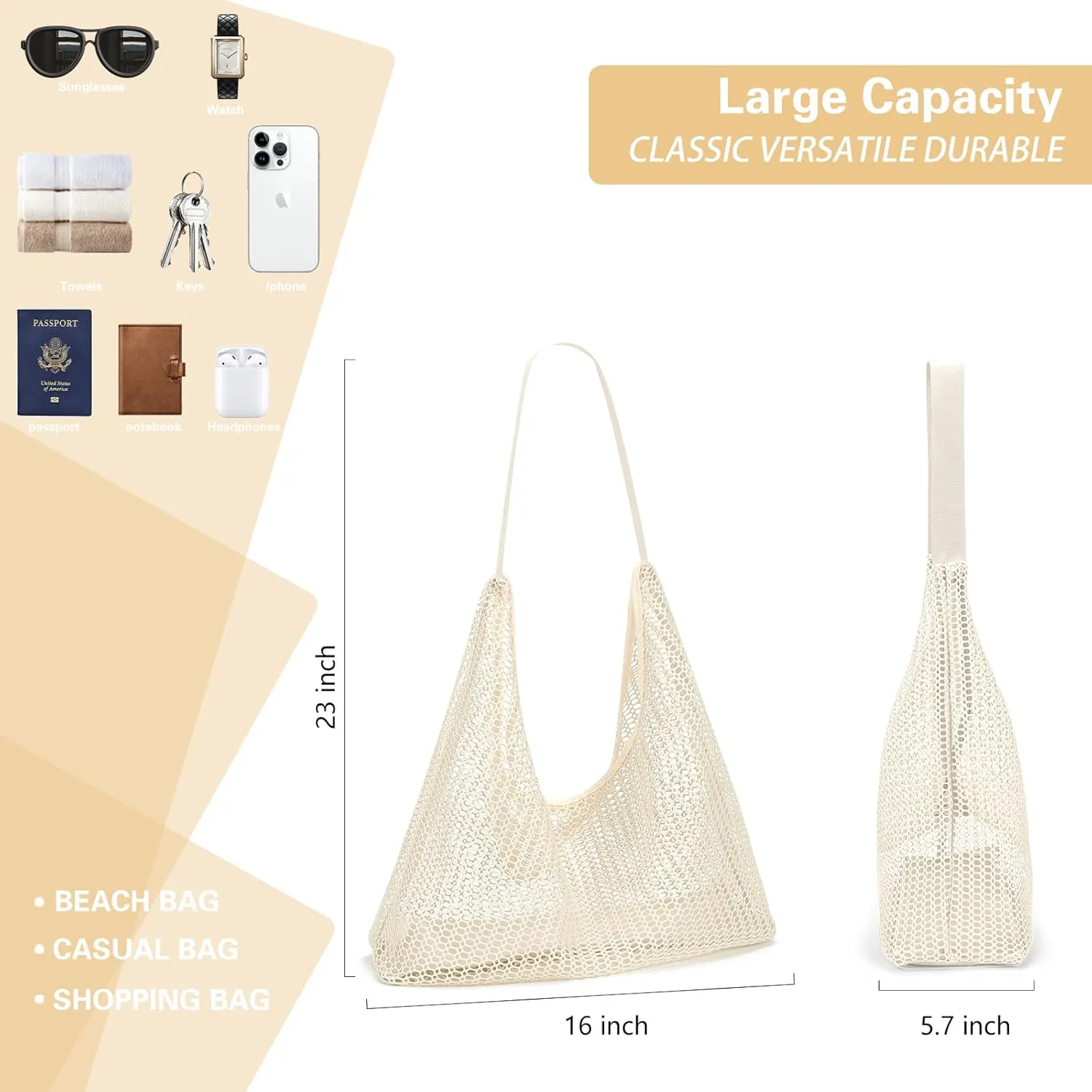 Mesh Beach Bag, Summer Beach Tote Bags for Women, Soft Casual Crochet Bags for Vacation Shopping Swimming Pools Travel