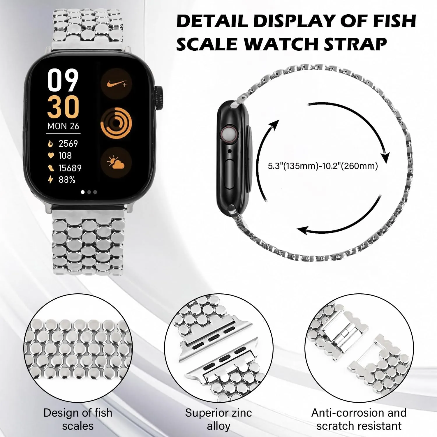 Metal Watch Bands Compatible with iWatch Ultra 2/Ultra Band, for Series 10/9/8/7/6/SE/5/4-49mm/46mm/45mm/44mm, Zinc Alloy Fish Scale Apple Watch Bands for Women Men, with Remove Tool