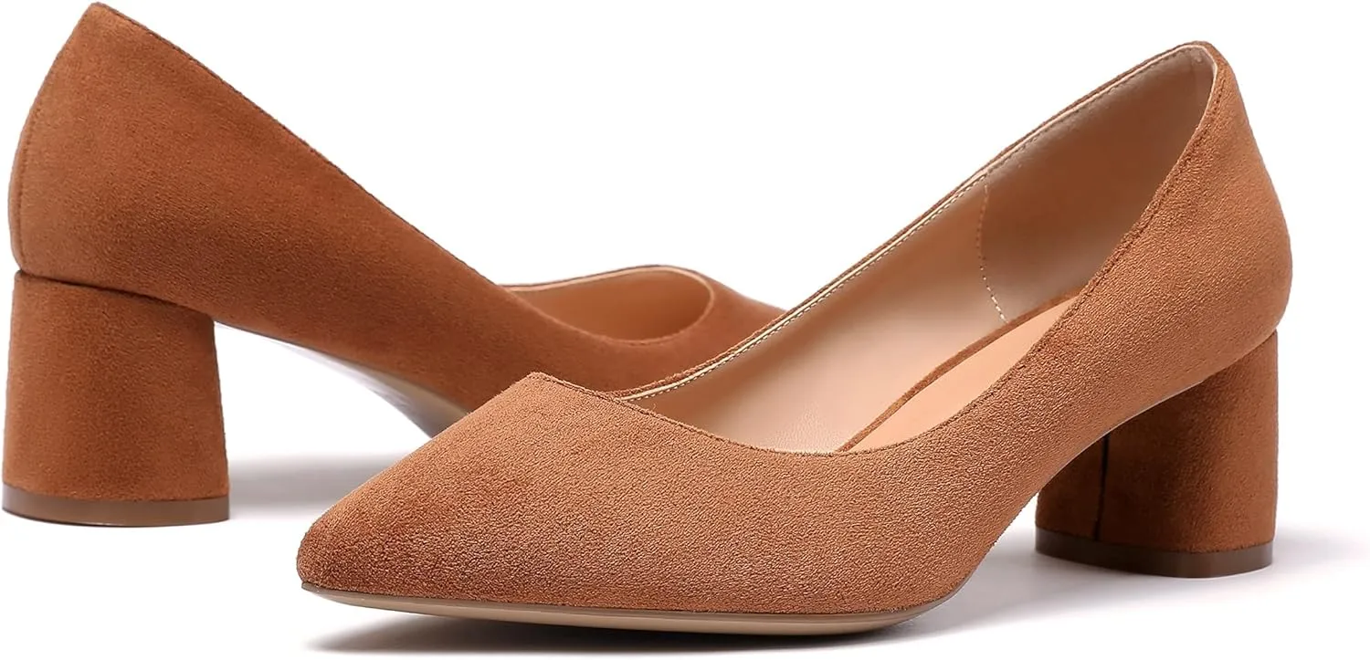 Mettesally Women's Mid Chunky Heel Pumps Classic Closed Pointed Toe Chic Shoes Slip on Comfortable Block Heel for Party Wedding Business Office Dress