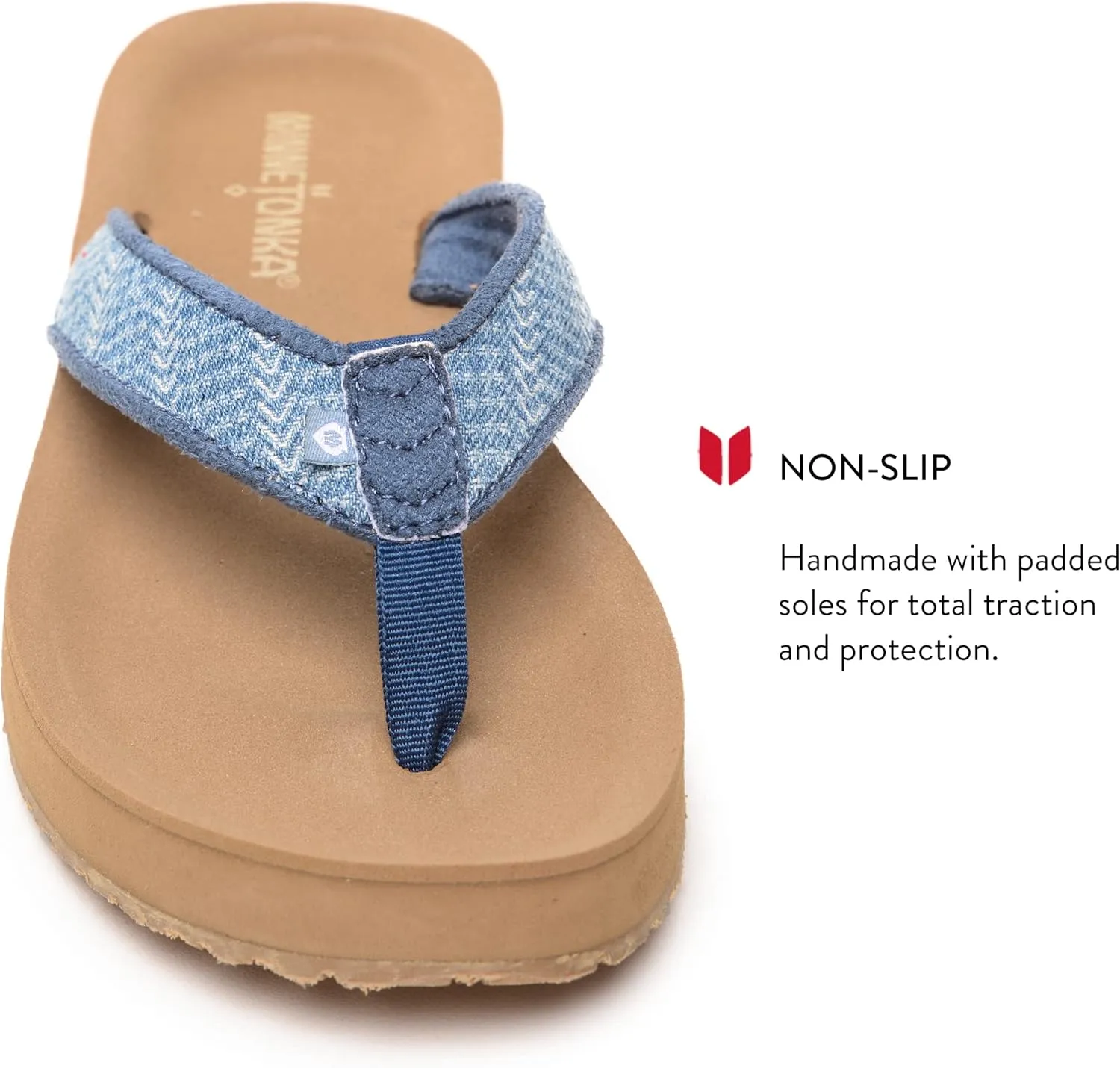 Minnetonka Hedy Sandal - Women’s Beach Flip Flops Handcrafted with Soft Denim or Woven Fabric Accents, and Contoured Footbed