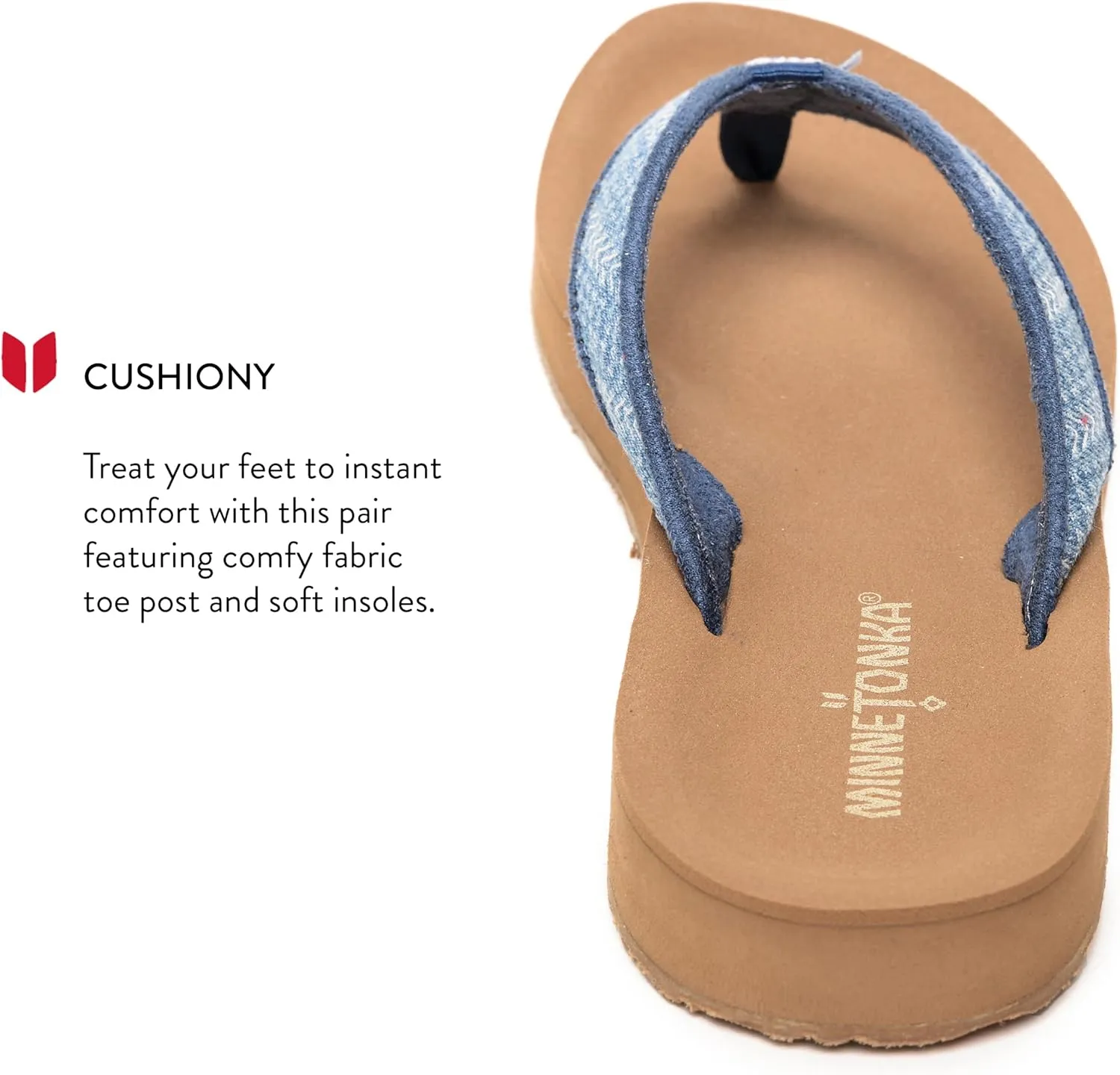 Minnetonka Hedy Sandal - Women’s Beach Flip Flops Handcrafted with Soft Denim or Woven Fabric Accents, and Contoured Footbed