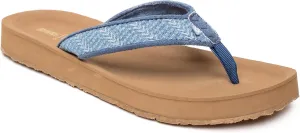 Minnetonka Hedy Sandal - Women’s Beach Flip Flops Handcrafted with Soft Denim or Woven Fabric Accents, and Contoured Footbed