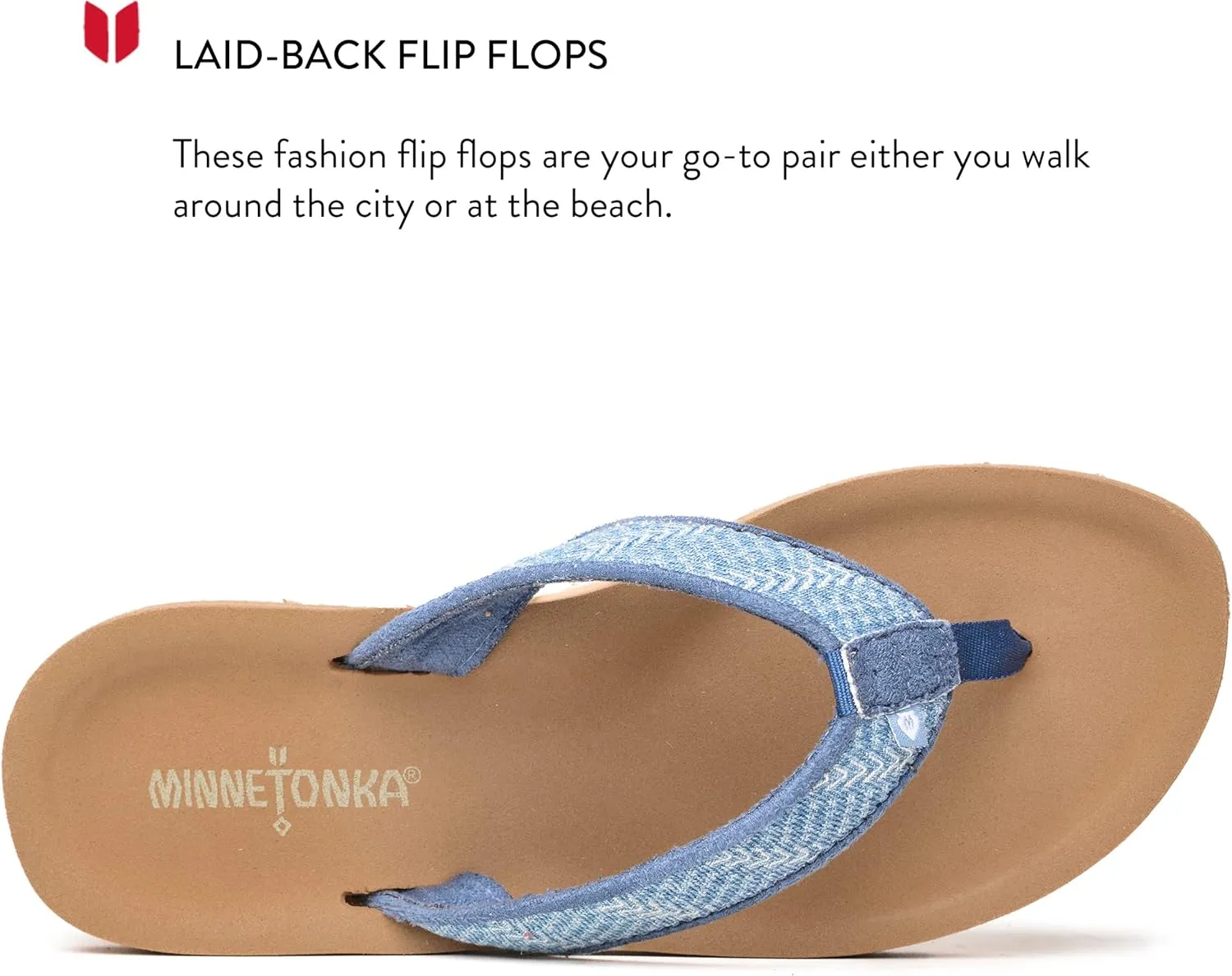 Minnetonka Hedy Sandal - Women’s Beach Flip Flops Handcrafted with Soft Denim or Woven Fabric Accents, and Contoured Footbed