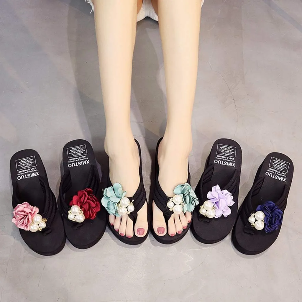 MIOKE Women's Wedge Flip Flops Sandals Bohemian Floral Anti-Slip Comfy Platform Summer Beach Thong Sandal