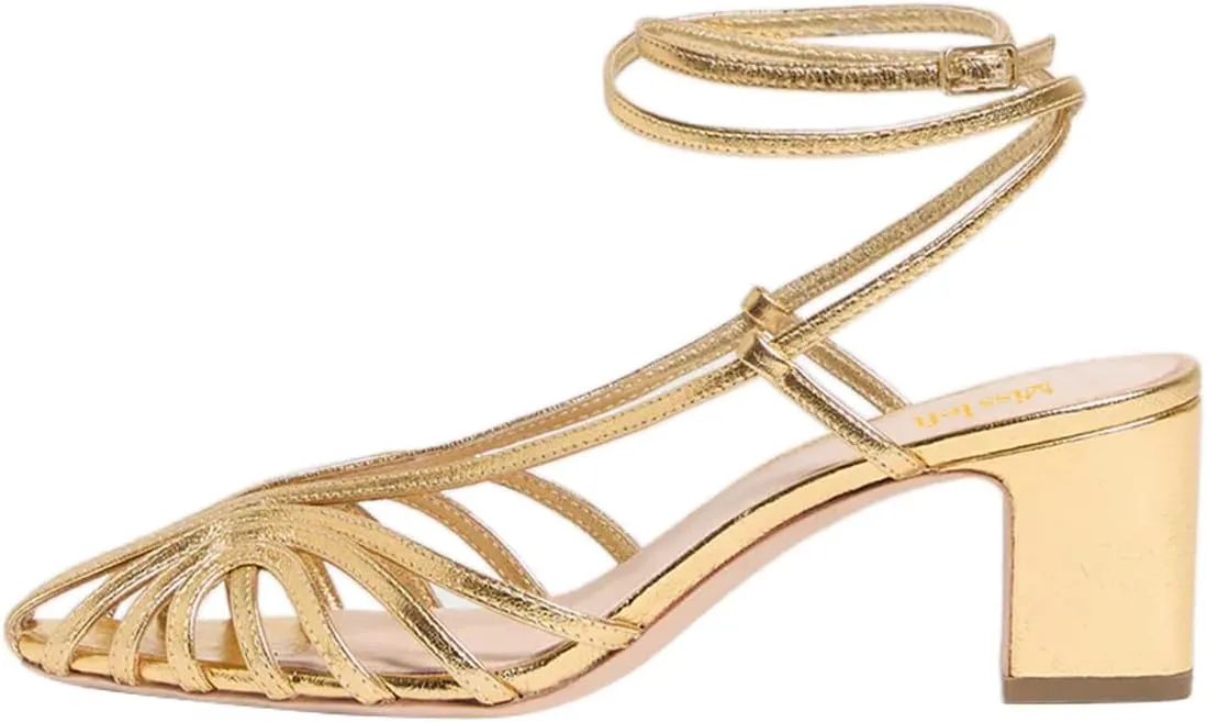 miss left Women Chic Caged Toe Chunky Mid Heel Cutout Sandals Strappy Ankle Strap Buckle Elegant Prom Evening Dress Shoes Size 4-16 US