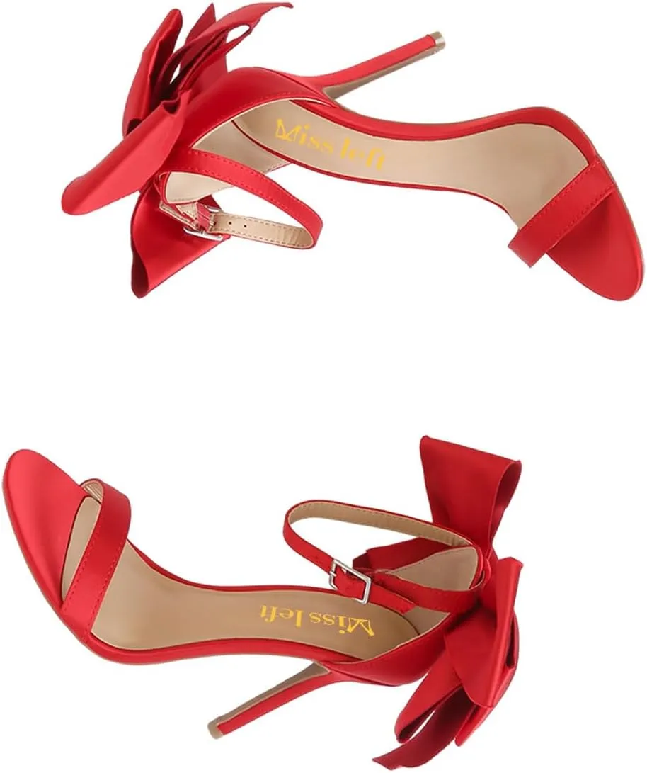 miss left Women Graceful Bows Stiletto Heeled Sandals with Adjustable Ankle Strap Open Almond Toe High Heel Pumps Fashion Wedding Bridal Summer Shoes Size 4-16 US