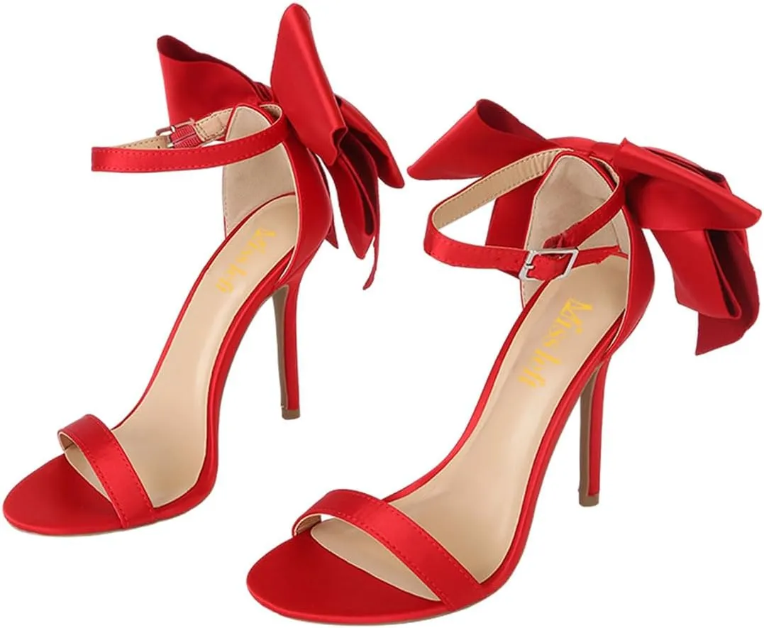 miss left Women Graceful Bows Stiletto Heeled Sandals with Adjustable Ankle Strap Open Almond Toe High Heel Pumps Fashion Wedding Bridal Summer Shoes Size 4-16 US