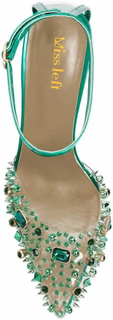 miss left Womens Gem Closed Pointed Toe Sky High Heel Sandals Crystal Stiletto Heels Strap Buckle Clear Pumps Sexy Wedding Evening Shoes Size 4-16 US