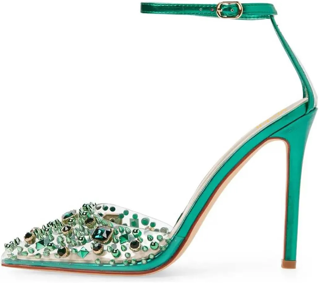 miss left Womens Gem Closed Pointed Toe Sky High Heel Sandals Crystal Stiletto Heels Strap Buckle Clear Pumps Sexy Wedding Evening Shoes Size 4-16 US