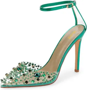 miss left Womens Gem Closed Pointed Toe Sky High Heel Sandals Crystal Stiletto Heels Strap Buckle Clear Pumps Sexy Wedding Evening Shoes Size 4-16 US
