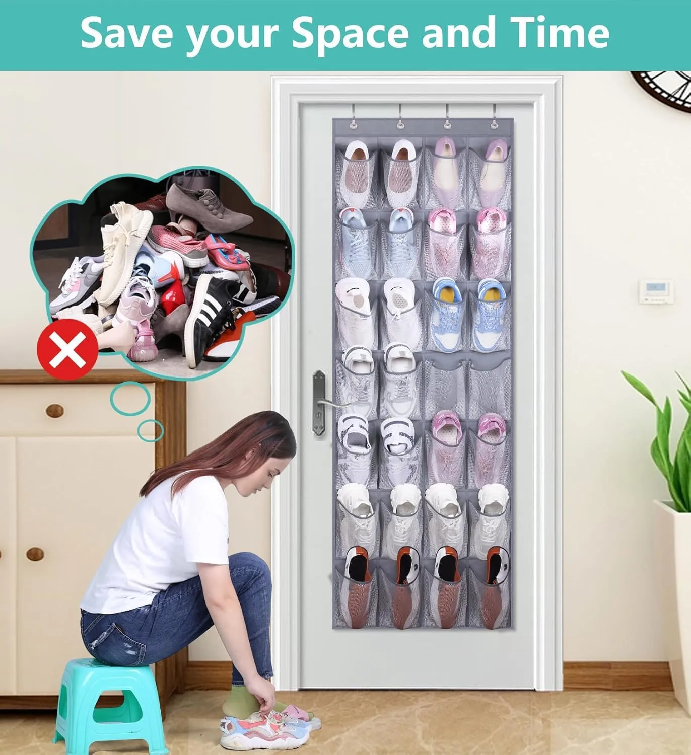 MISSLO 28 Large Pockets Hanging Shoe Rack Door Shoe Organizer Hanging Shoe Storage Hanger for Closet Mesh Holder, Grey