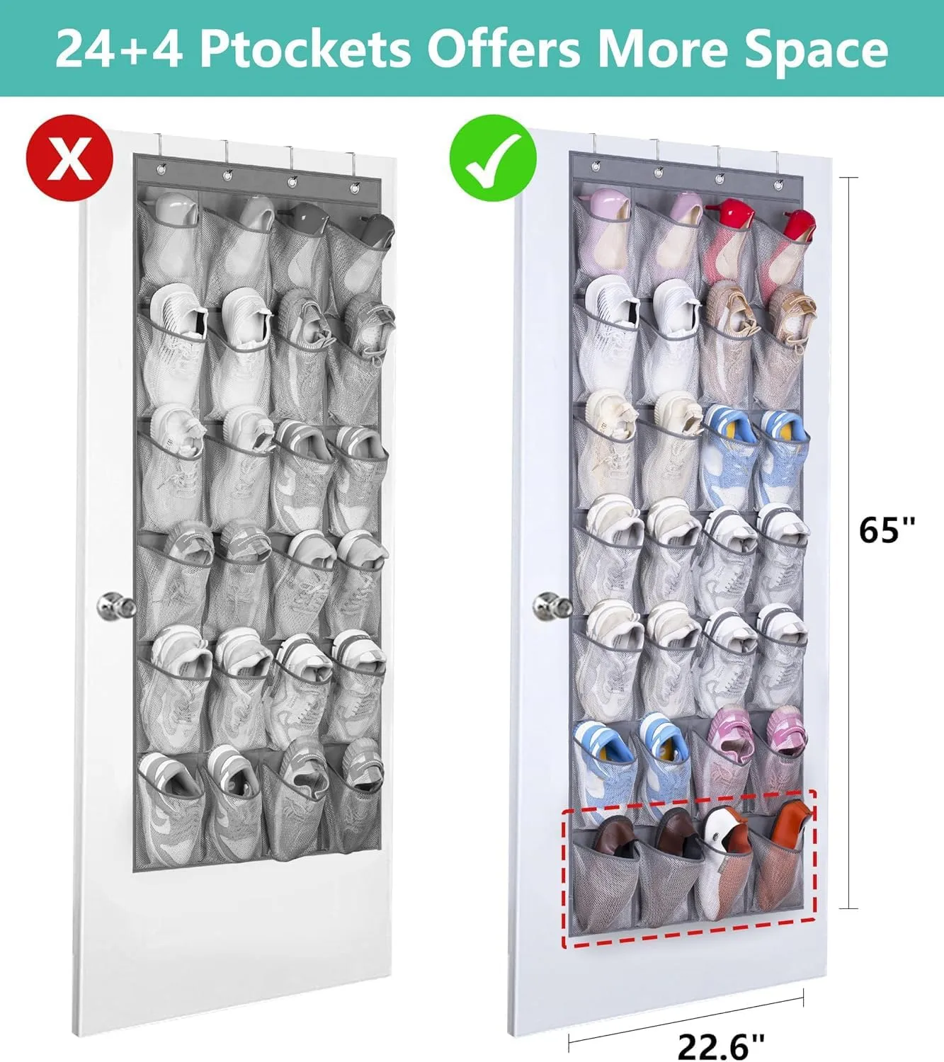 MISSLO 28 Large Pockets Hanging Shoe Rack Door Shoe Organizer Hanging Shoe Storage Hanger for Closet Mesh Holder, Grey