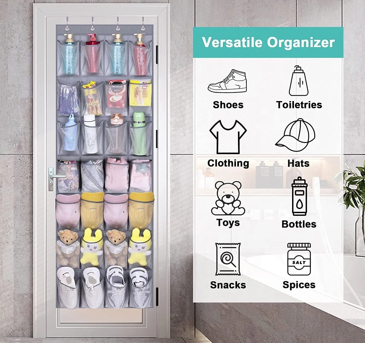 MISSLO 28 Large Pockets Hanging Shoe Rack Door Shoe Organizer Hanging Shoe Storage Hanger for Closet Mesh Holder, Grey