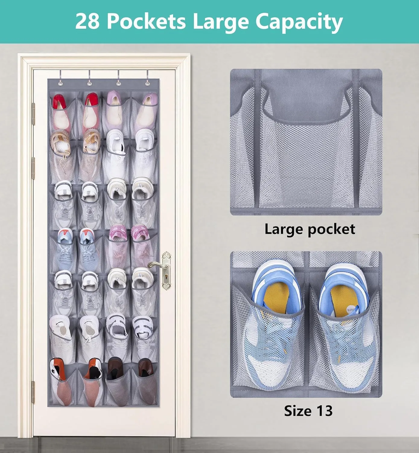 MISSLO 28 Large Pockets Hanging Shoe Rack Door Shoe Organizer Hanging Shoe Storage Hanger for Closet Mesh Holder, Grey
