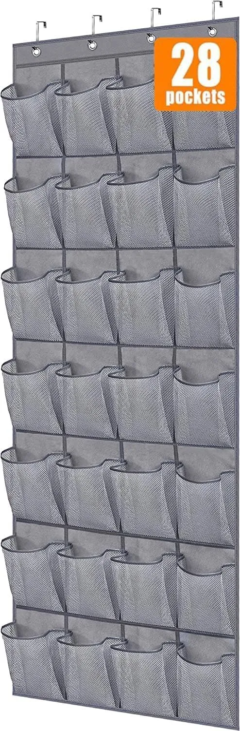 MISSLO 28 Large Pockets Hanging Shoe Rack Door Shoe Organizer Hanging Shoe Storage Hanger for Closet Mesh Holder, Grey
