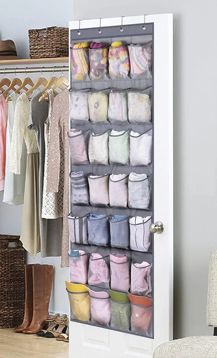 MISSLO 28 Large Pockets Hanging Shoe Rack Door Shoe Organizer Hanging Shoe Storage Hanger for Closet Mesh Holder, Grey
