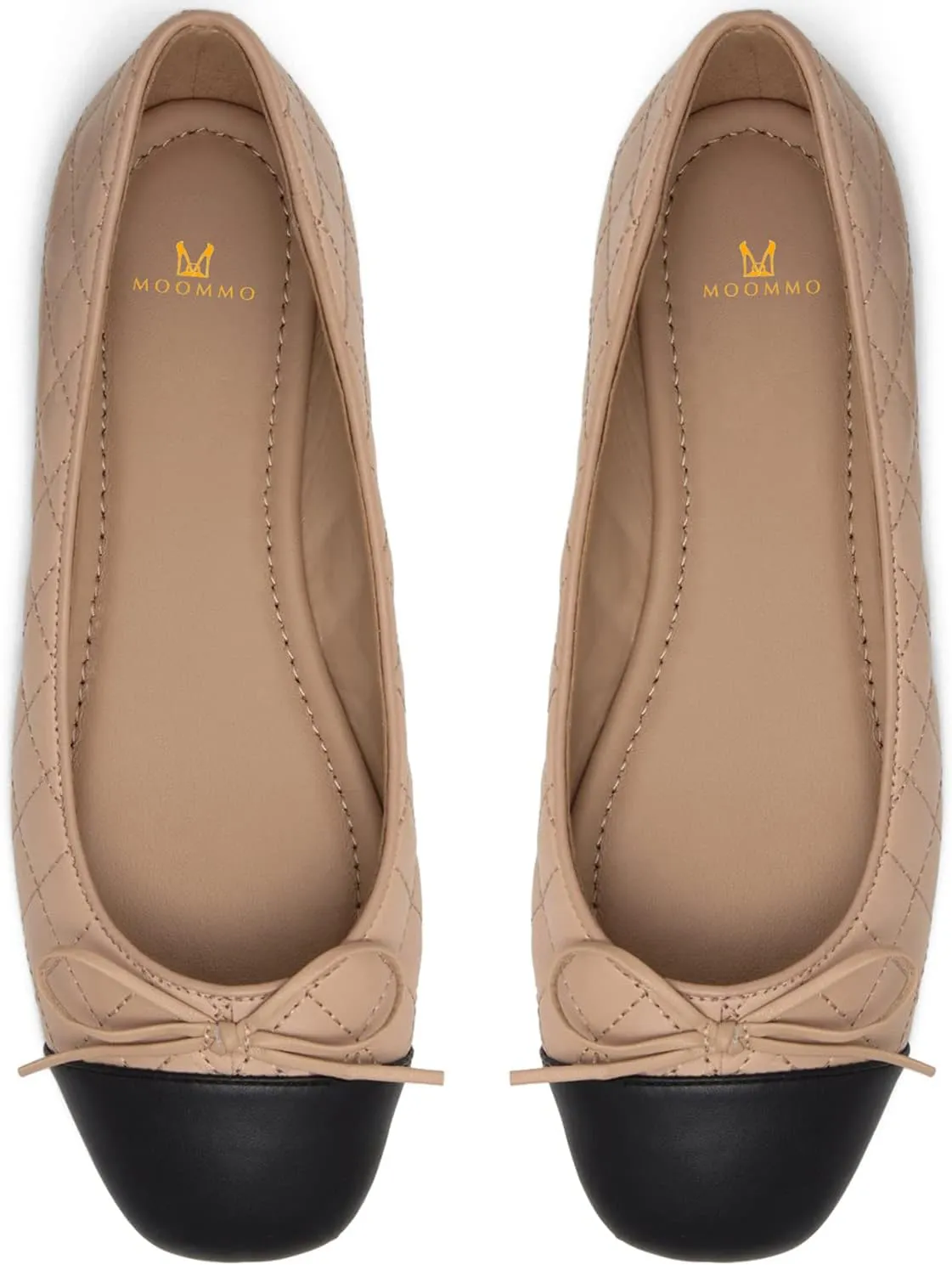MOOMMO Women Cap Toe Flats Bow Slip On Ballet Flats Comfort Quilted Colorblock Flat Shoes Round Toe Flat Heel Dress Shoes Office Ladies Party Chic Driver Flats Chic Quilted Beige 8 M US