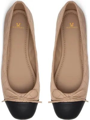 MOOMMO Women Cap Toe Flats Bow Slip On Ballet Flats Comfort Quilted Colorblock Flat Shoes Round Toe Flat Heel Dress Shoes Office Ladies Party Chic Driver Flats Chic Quilted Beige 8 M US