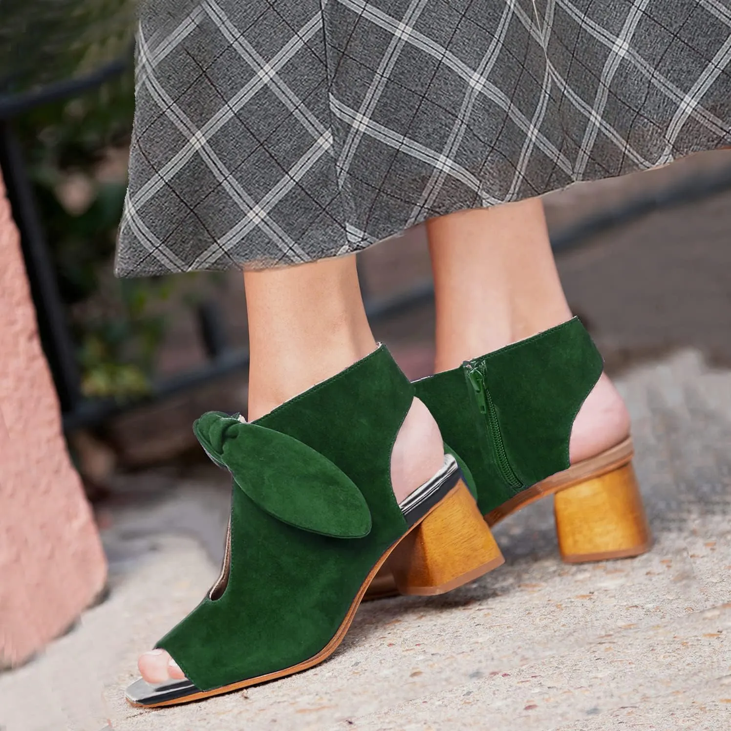 MOOMMO Women Heeled Sandals with Bow Open Toe Low Chunky Block Heel Sandal Booties Cutout 2" Heels Backless Slingback Dress Shoes Peep Toe Back Zipper Suede Sandal Dressy Casual Summer Beach 4-13 M US
